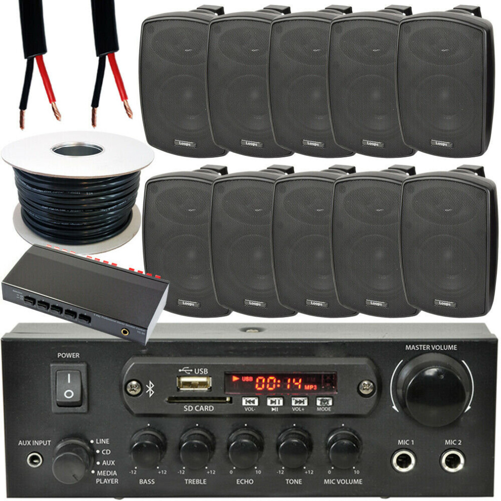 Outdoor Bluetooth Speaker Kit 10X 60W Stereo Amp 5 Zone Garden Parties Black 5056199871438