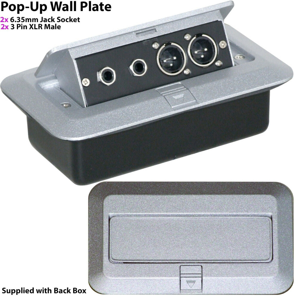 PRO 2 Gang Pop Up Wall Floor Plate & Back Box 2x 6.35mm & Dual XLR Male Outlet