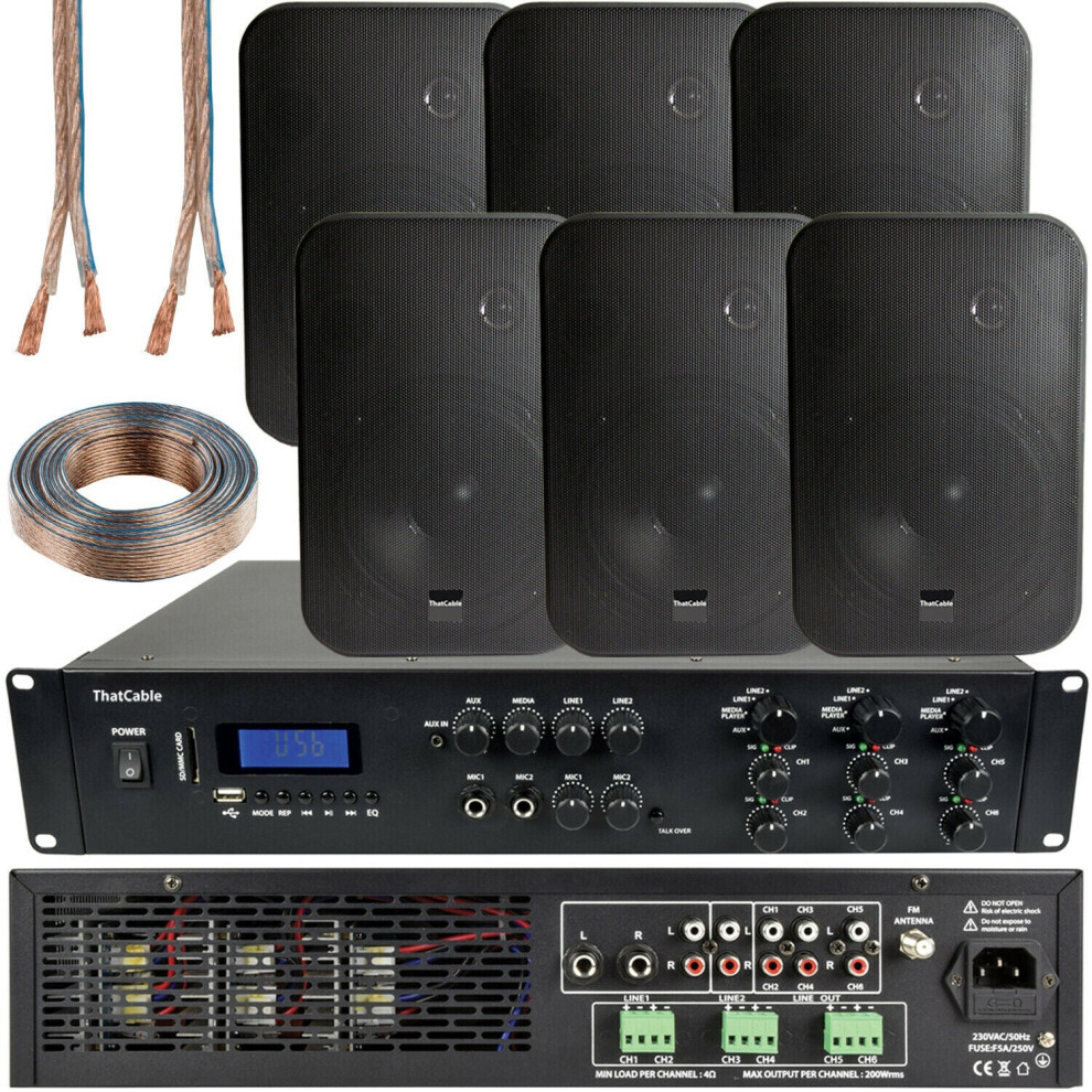 1200W Bluetooth Sound System 6X 200W Wall Speaker 6 Zone Matrix Amplifier Black 5056199871452