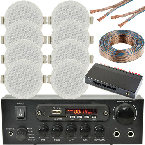 Loops Bluetooth Ceiling Music Kit 4 Zone Stereo Amp & 8x Low Profile HiFi Speaker