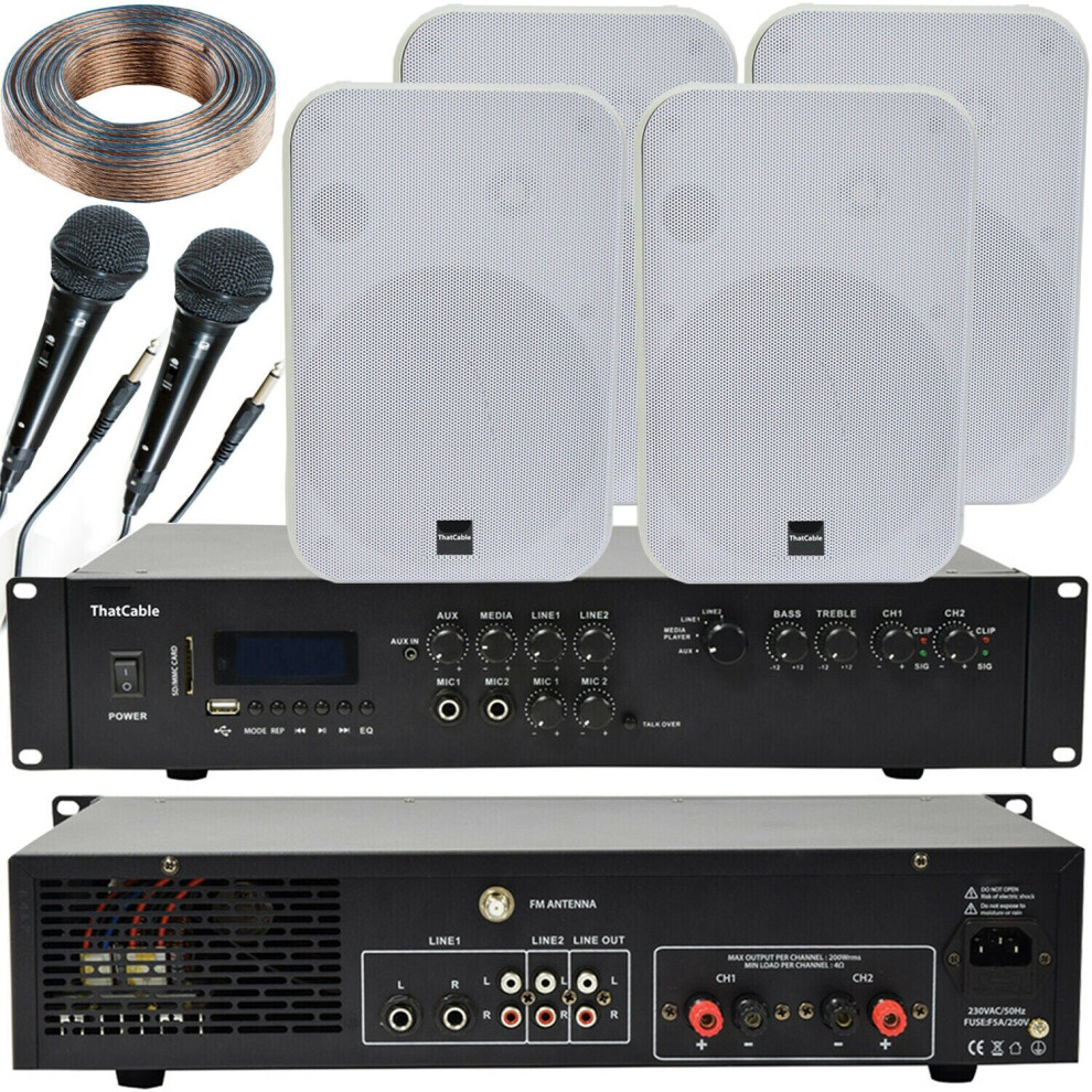 Loops 400W Bluetooth Sound System 4X 200W Wall Speaker Karaoke Amp & Microphones White
