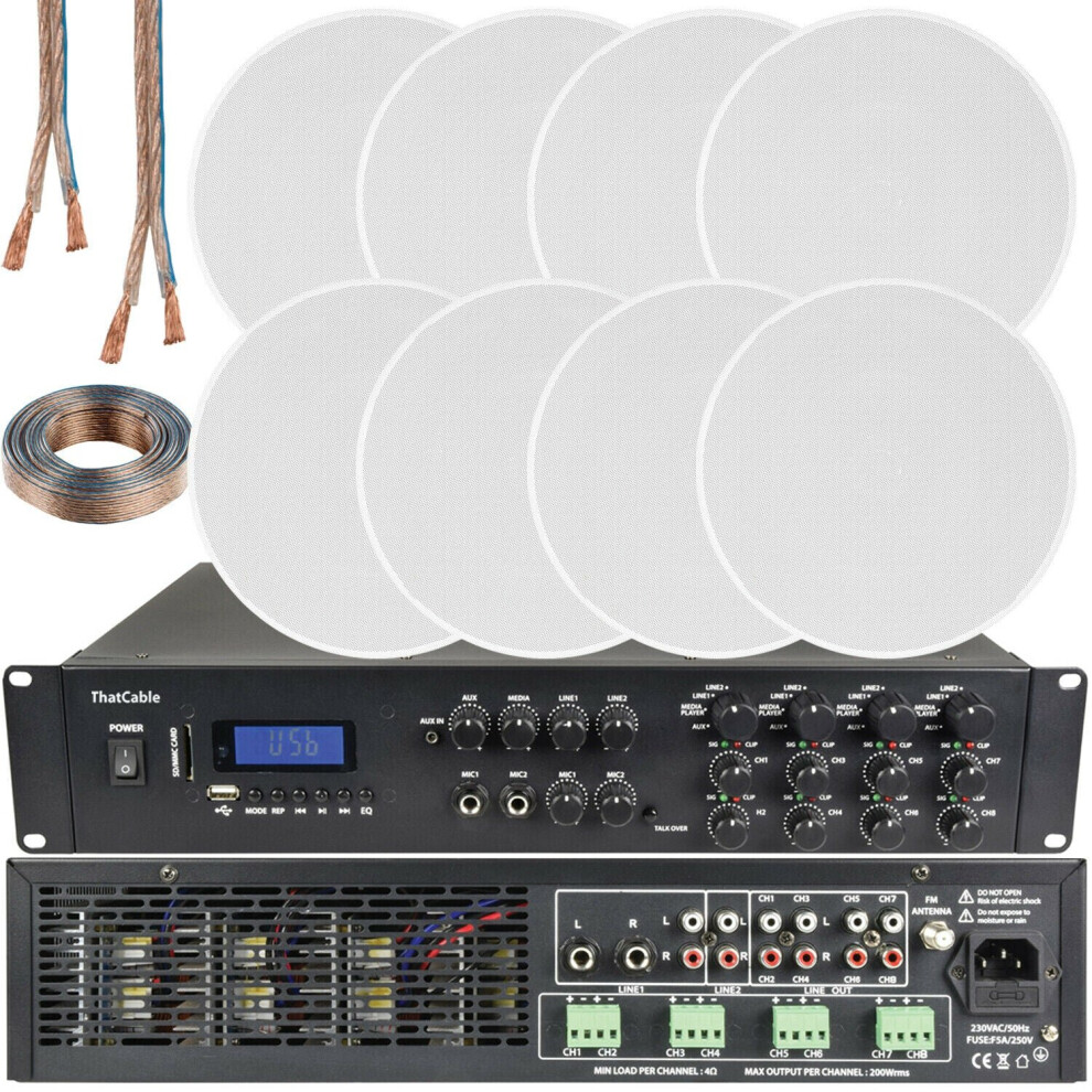 1600W Bluetooth Sound System 8X 120W Slim Ceiling Speaker 8 Zone Mixer Amplifier 5056199871681