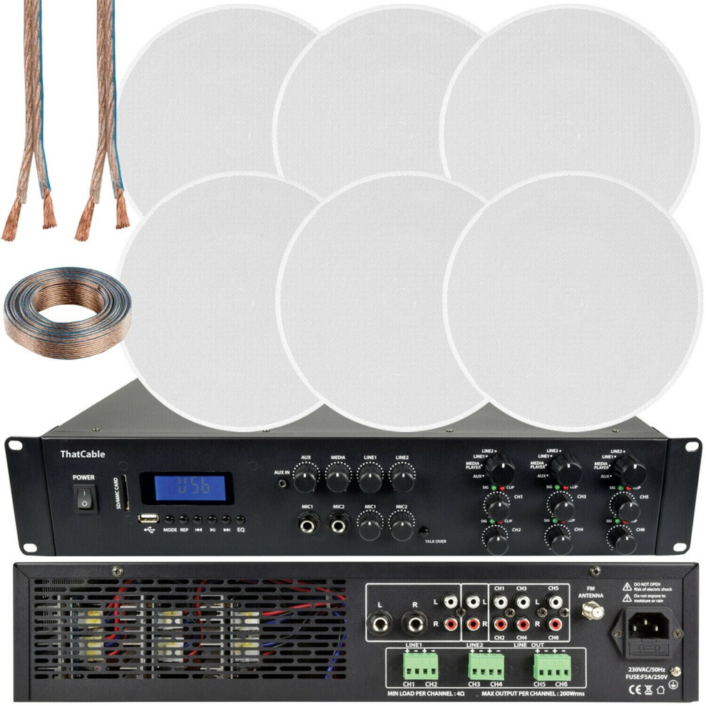 1200W Bluetooth Sound System 6X 120W Slim Ceiling Speaker 6 Zone Mixer Amplifier 5056199871551