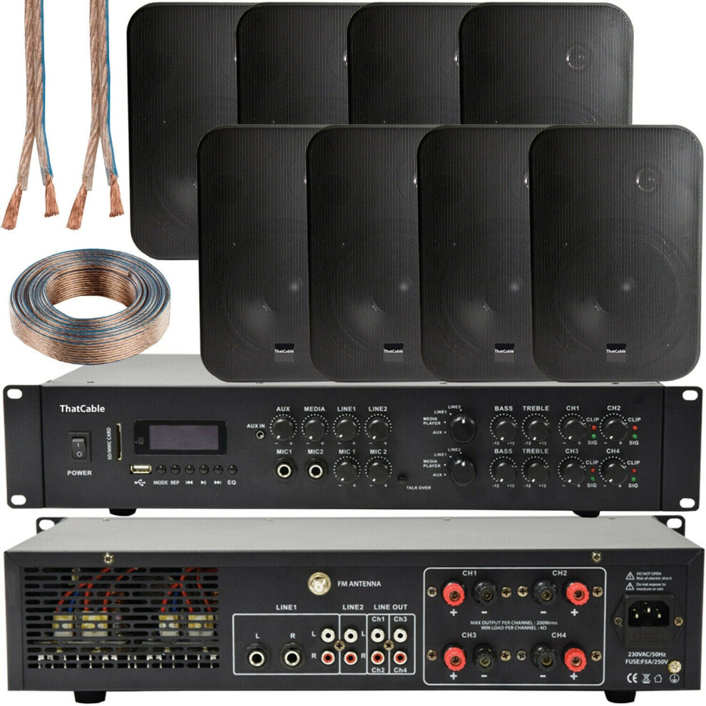 800W Bluetooth Sound System 8X 200W Wall Speaker 4 Zone Matrix Amplifier Black 5055538135323