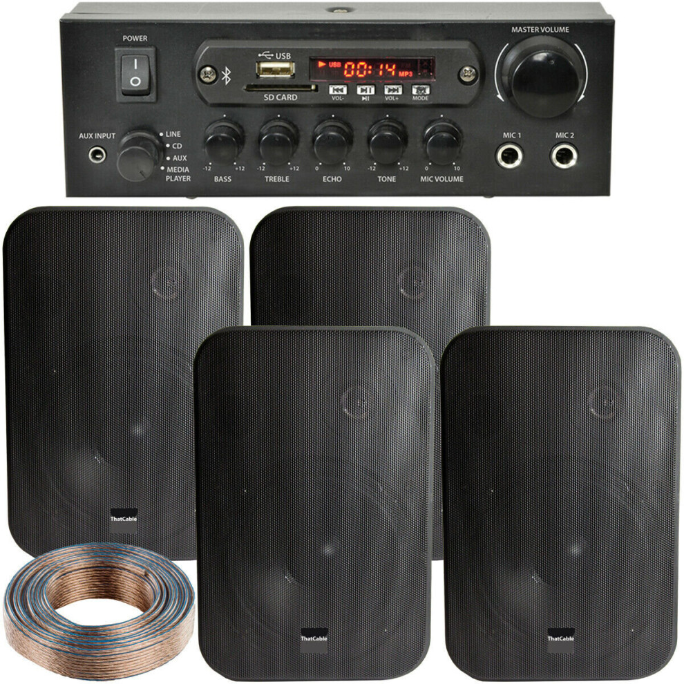 Loops Bluetooth Sound System 4X 200W Wall Speakers - 2 Channel Stereo Amplifier Black