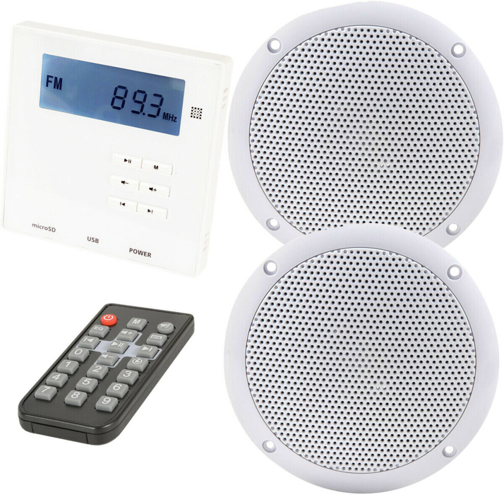 Wall Mounted Micro Bluetooth Amplifier & 2 Ceiling Speaker Kit Stereo Hifi Music White 5056199802241