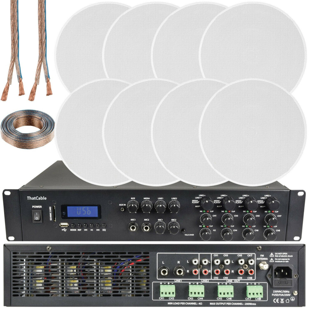 Loops 1600W Bluetooth Sound System 8X 100W Slim Ceiling Speaker 8 Zone Mixer Amplifier