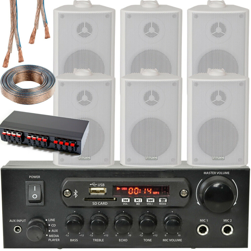 Bluetooth Wall Speaker Kit 3 Zone Stereo Amp & 6X Wall Background Music White 5056199821303