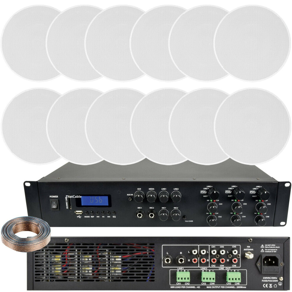 1200W Loud Bluetooth Sound System 12X 120W Slim Ceiling Speaker 6 Zone Amplifier 5056199871568