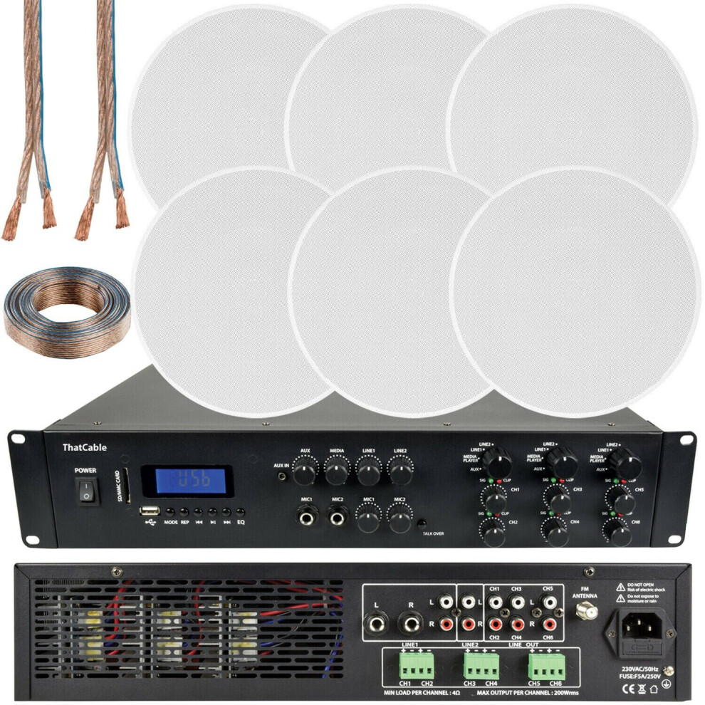 Loops 1200W Bluetooth Sound System 6X 100W Slim Ceiling Speaker 6 Zone Mixer Amplifier