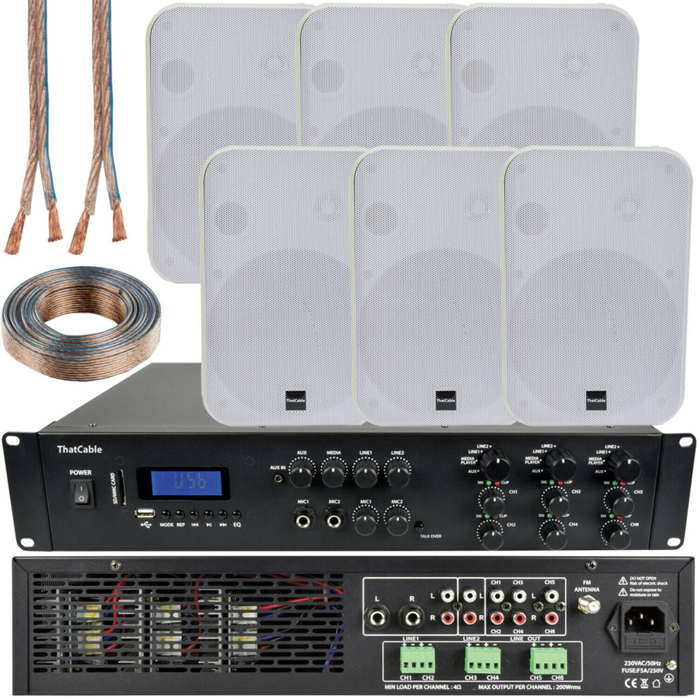 1200W Bluetooth Sound System 6x 200W White Wall Speaker 6 Zone Matrix Amplifier