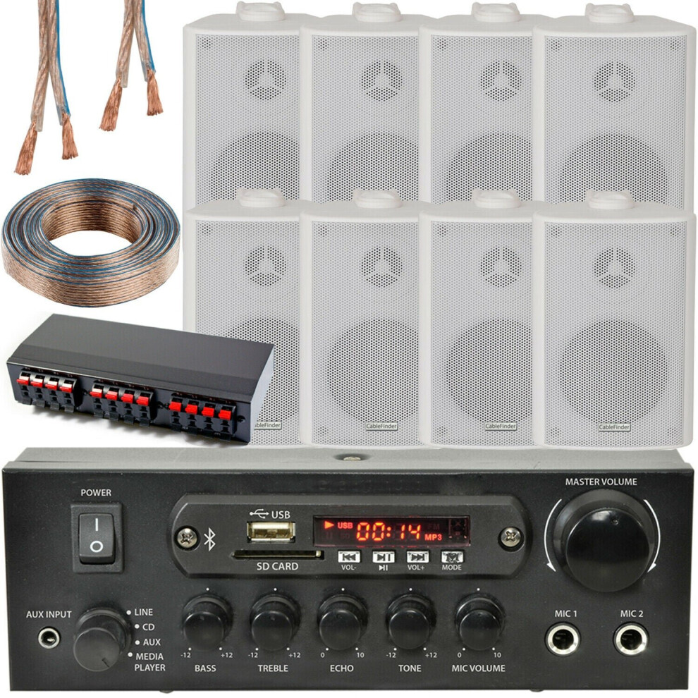 Bluetooth Wall Speaker Kit 4 Zone Stereo Amp & 8X Wall Background Music White 5056199821297