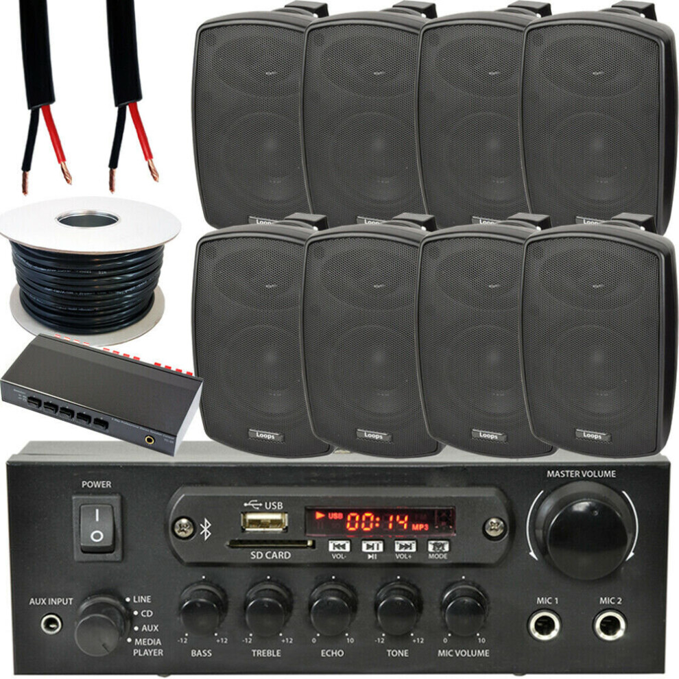 4 Zone Outdoor Bluetooth Kit 8X 60W Speaker Stereo Amplifier Garden Bbq Black 5056199871421