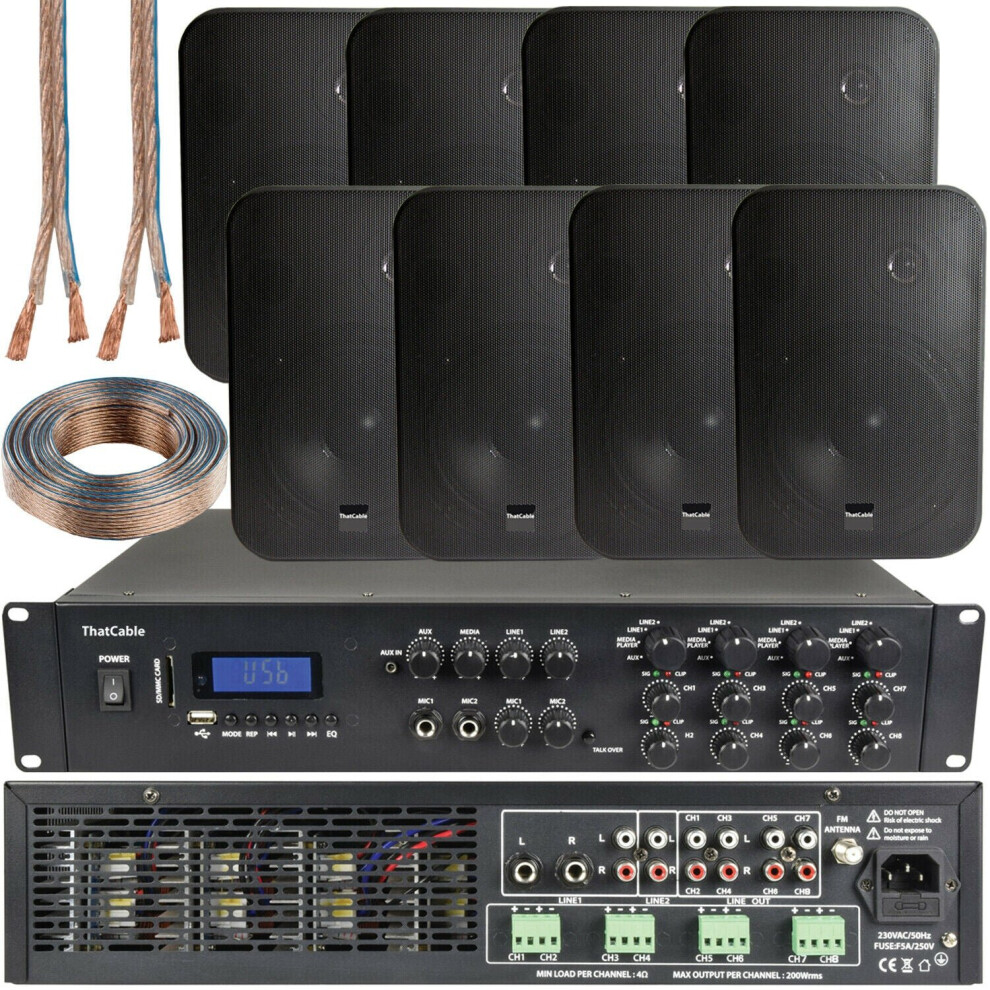 1600W Bluetooth Sound System 8X 200W Wall Speaker 8 Zone Matrix Amplifier Black 5056199871582