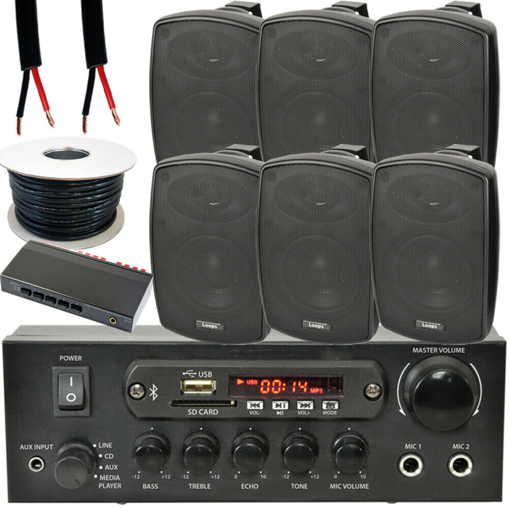 Loops Outdoor Bluetooth Speaker Kit 6X 60W Stereo Amplifier Garden Bbq Parties Black