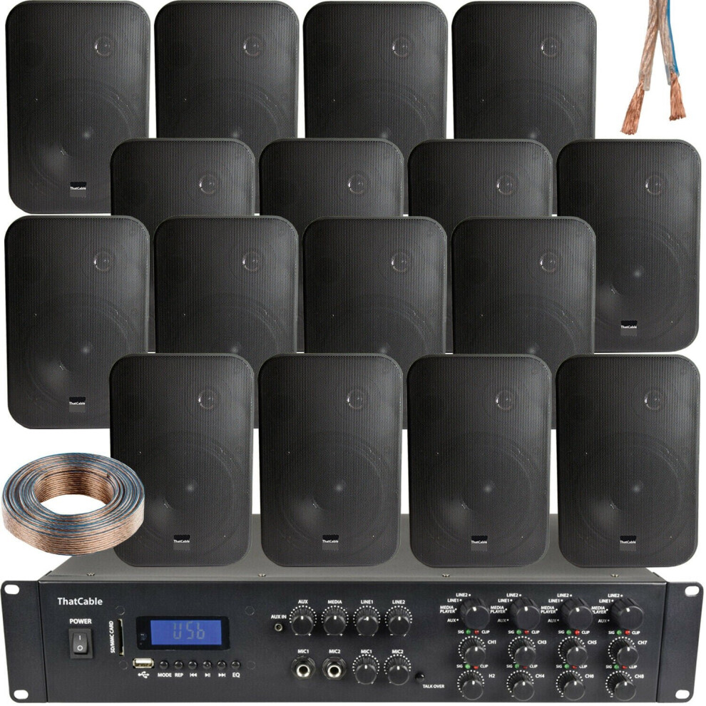 1600W Bluetooth Sound System 16x 200W Black Wall Speaker 8 Zone Matrix Amplifier