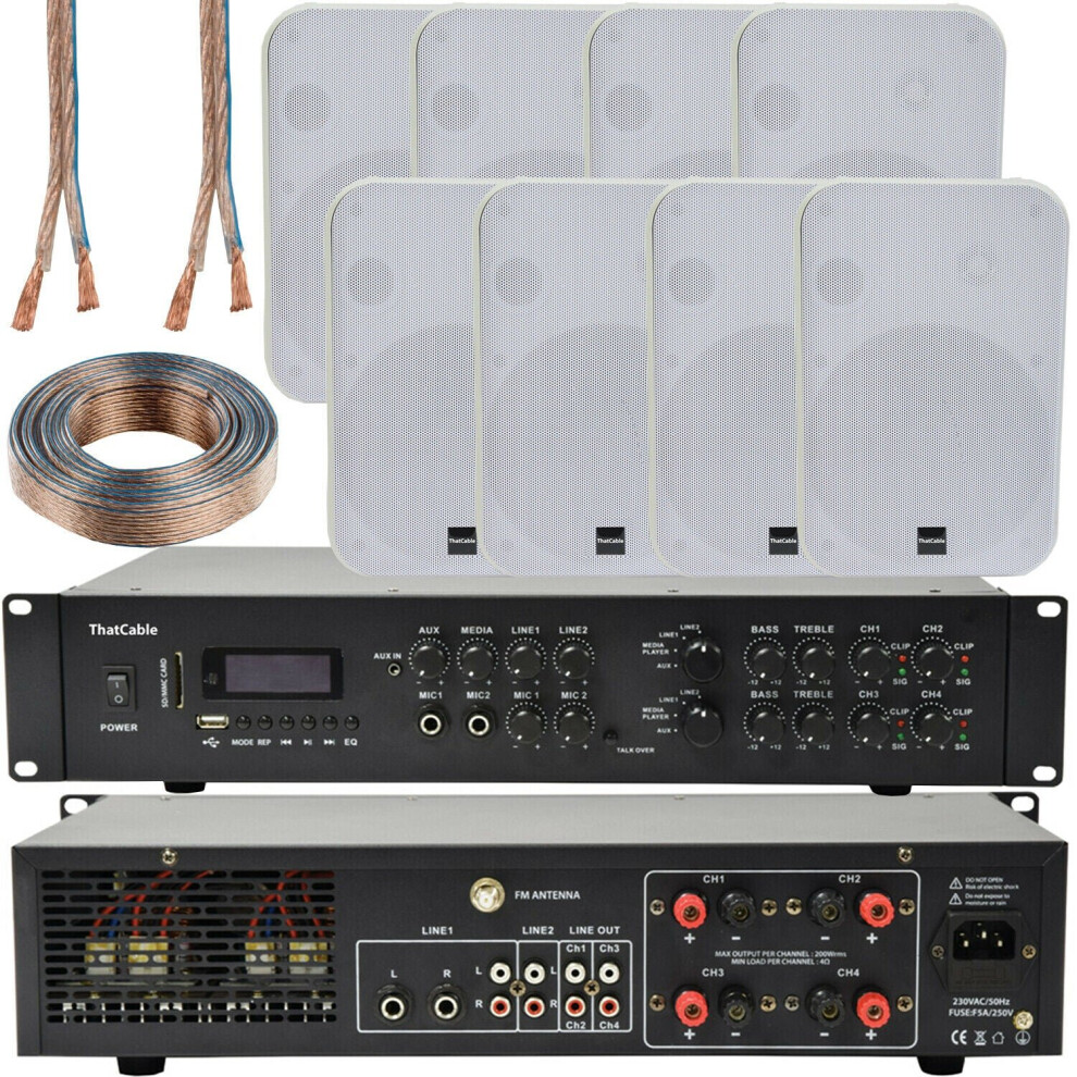 800W Bluetooth Sound System 8X 200W Wall Speaker 4 Zone Matrix Amplifier White 5055538135330