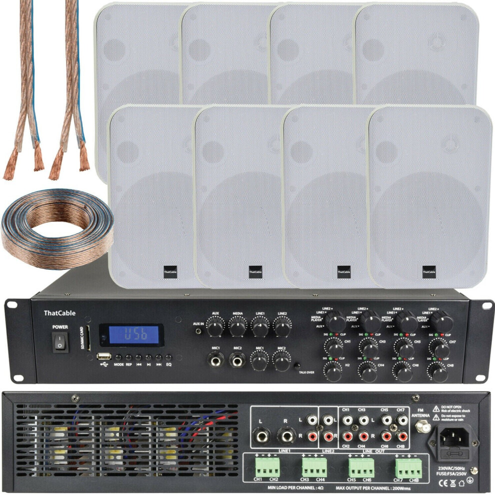 Loops 1600W Bluetooth Sound System 8X 200W White Wall Speaker 8 Zone Matrix Amplifier