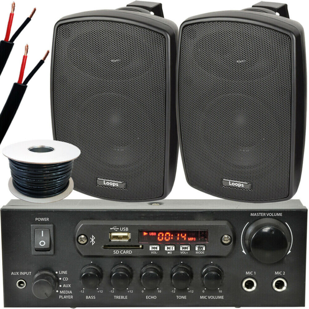 Outdoor Bluetooth Speaker Kit 2x 60W Black Stereo Amplifier Garden BBQ Parties