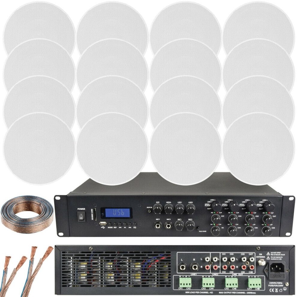 Loops 1600W Loud Bluetooth Sound System 16X 120W Slim Ceiling Speaker 8 Zone Amplifier