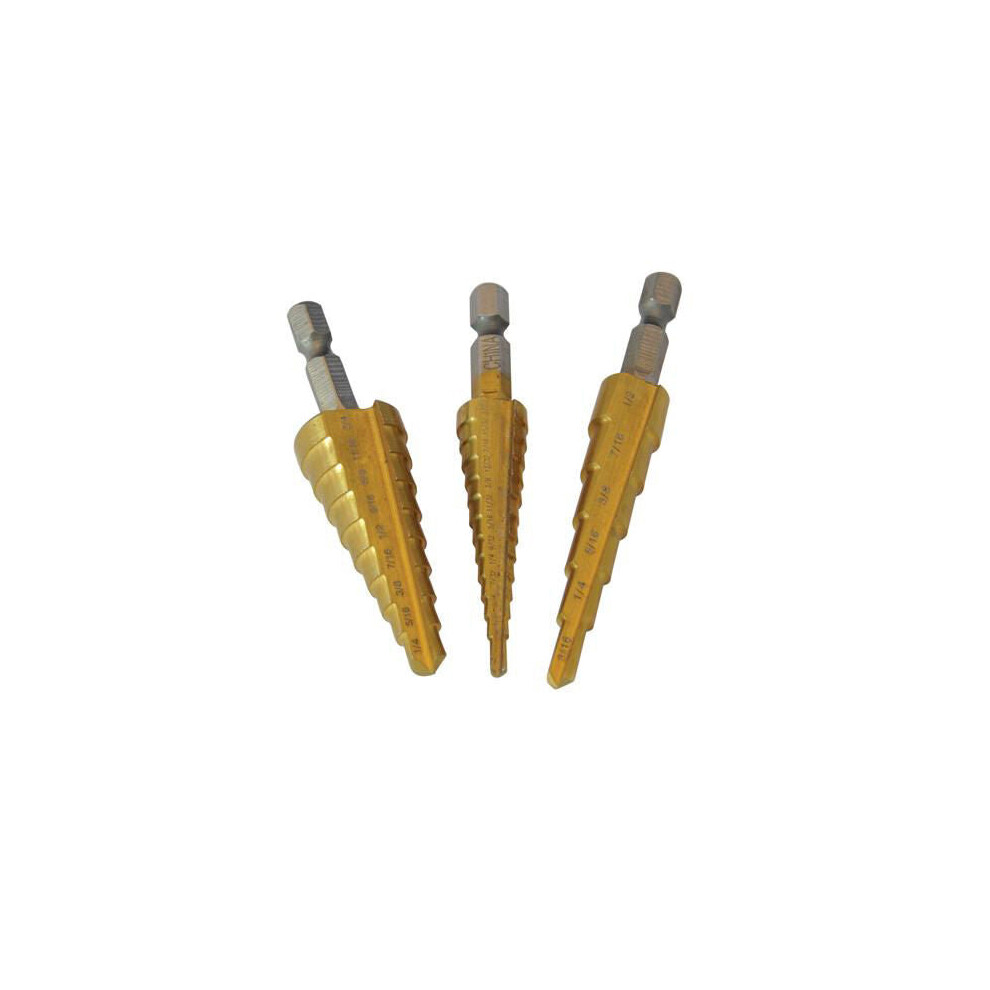 3 Piece Titanium Coated Step Drill Set/Bits Taper Cone Sheet Metal