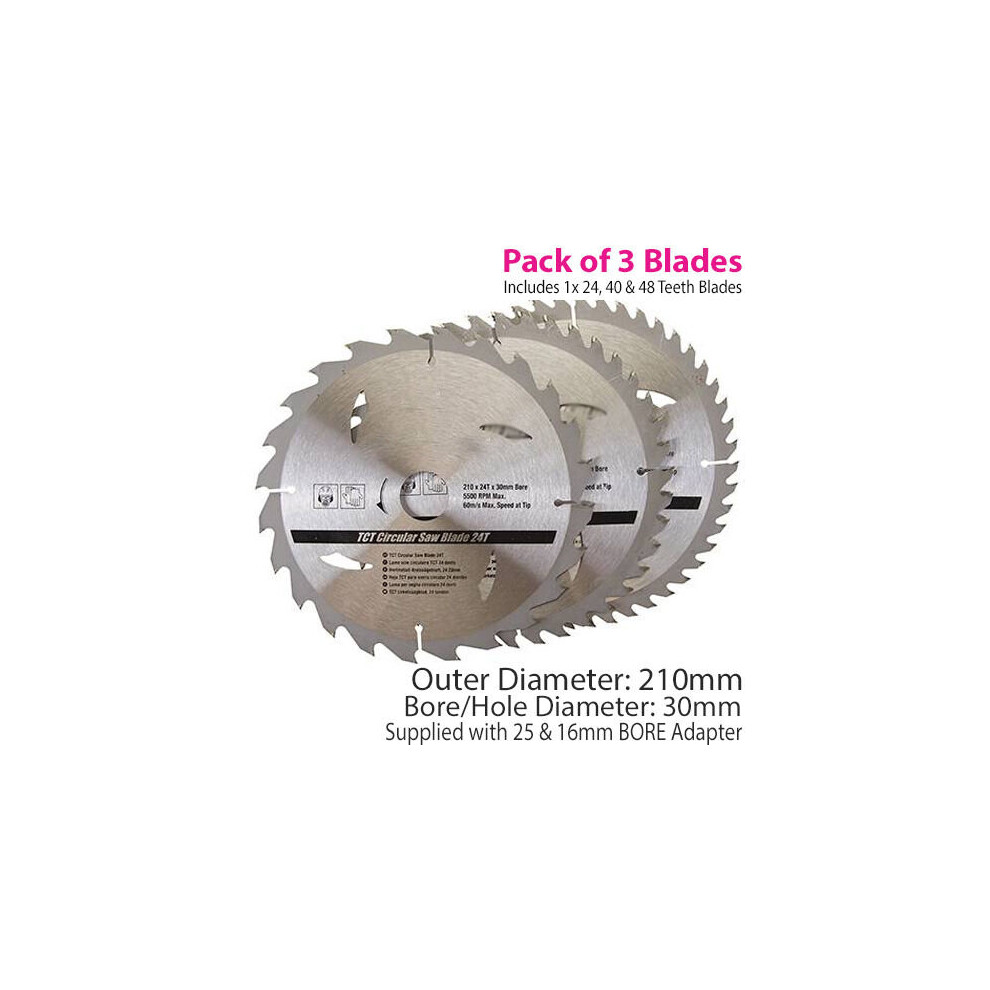 QTY 3 TCT Circular Saw Blades 210mm x 30mm 25mm 16mm Fitting Rings