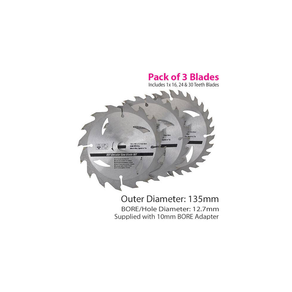 3 Pack 135mm x 12.7mm TCT Circular Saw Blades 162430 Teeth 10mm Ring