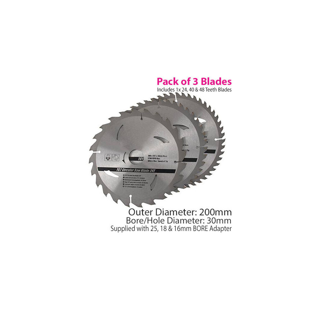 QTY 3 200mm x 30mm TCT Circular Saw Blade 24T 40T 48T 25mm 18mm 16mm Ring