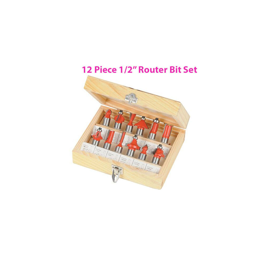 12 Piece 1/2" Inch TCT Router Bit Set Woodwork Cutting Wooden Case