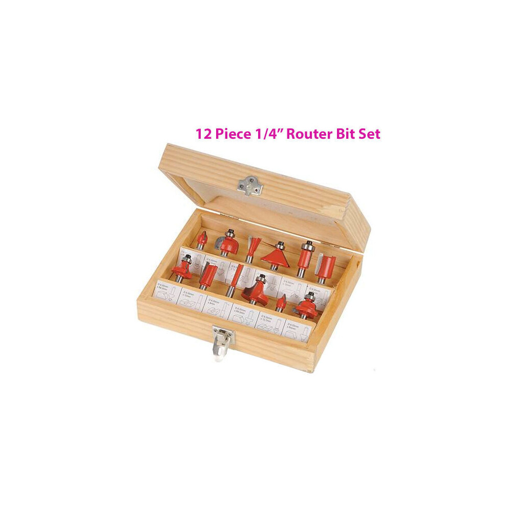 12 Piece 1/4" Inch TCT Router Bit Set Woodwork Cutting Wooden Case