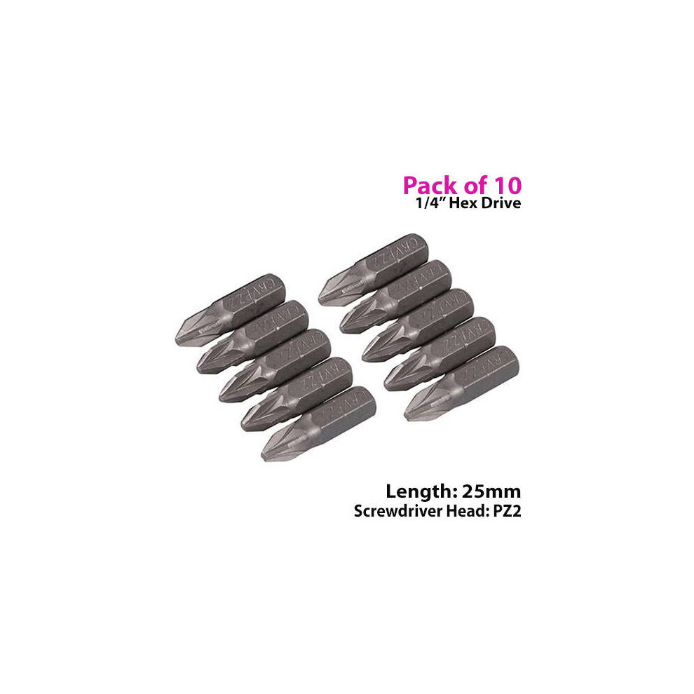 10 PACK PZ2 Pozzi Crosshead Chrome Vanadium Screwdriver Bits 1/4" Hex Shank