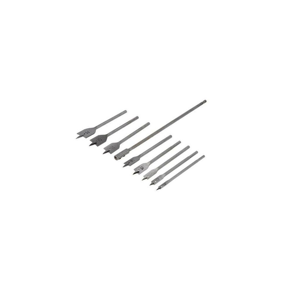 8 Piece 6mm 32mm Flat Bit Set 300mm Extension Bar Drilling Hard & Soft Wood