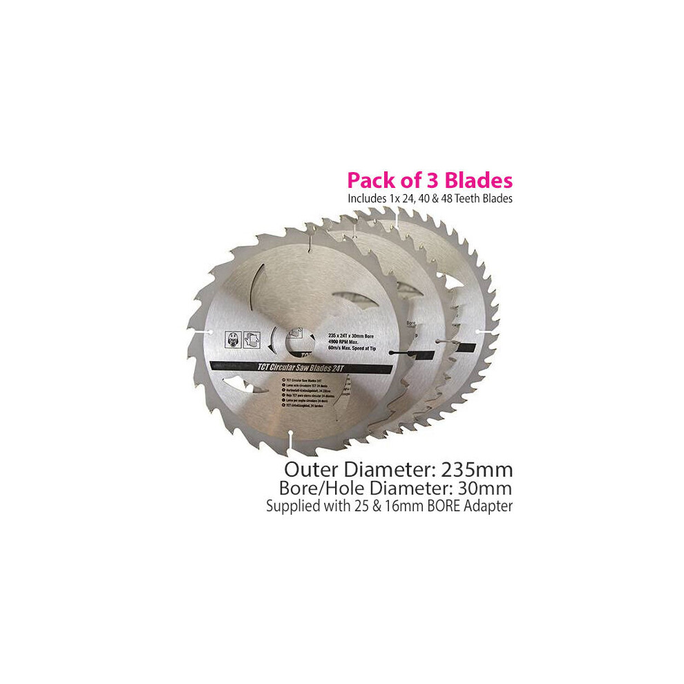 QTY 3 235mm x 30mm TCT Circular Saw Blades 24T 40T 48T 25mm 16mm Rings