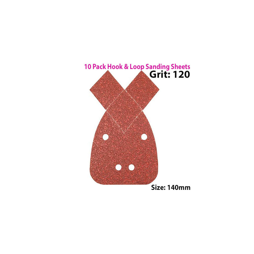 10 PACK 120 Grit Aluminium Oxide 2 Tip Detail Sanding Sheets 140mm Hook & Loop