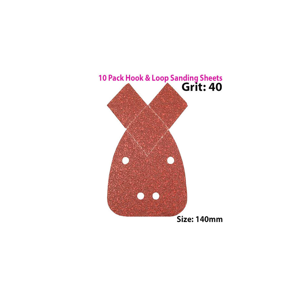 10 PACK 40 Grit Aluminium Oxide 2 Tip Detail Sanding Sheets 140mm Hook & Loop