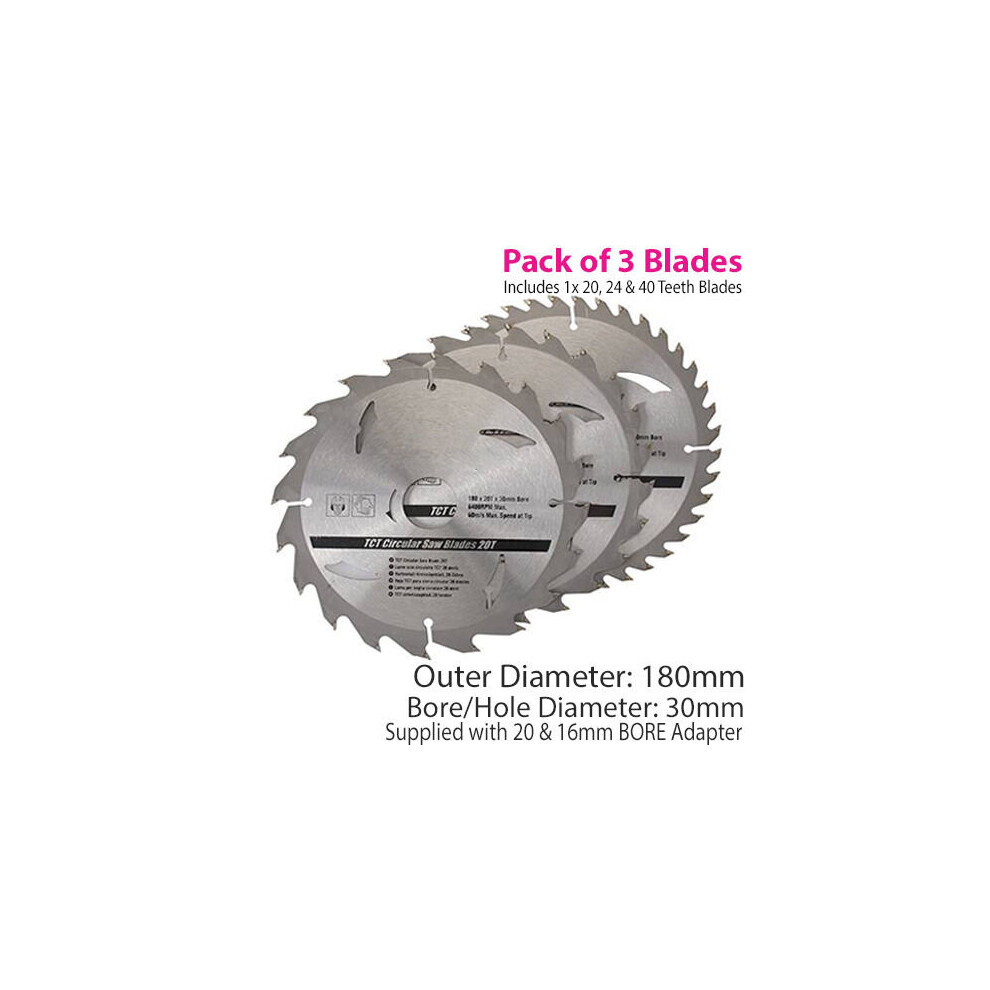 180mm x 30mm TCT Circular Saw Blades 3 Pack 20T 24T 40T Wood