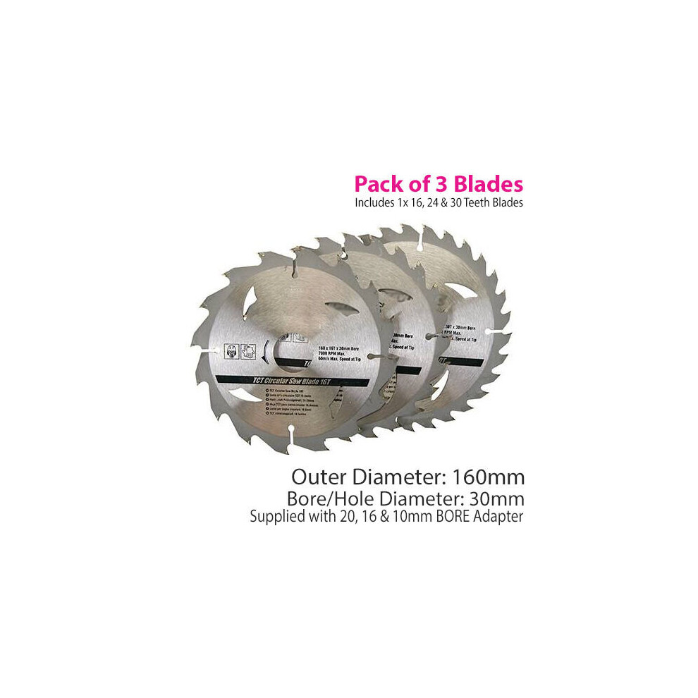 3 Pack 160mm x 30mm TCT Circular Saw Blades 162430 Teeth 20mm 16mm 10mm Ring