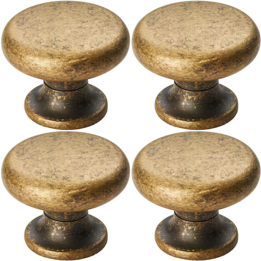 4x Flat Faced Round Door Knob 34mm Diameter Antique Brass Small Cabinet Handle