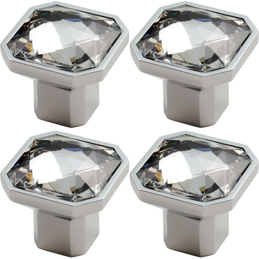 4x Square Faceted Crystal Cupboard Door Knob 32 x 32 x 32mm Polished Chrome