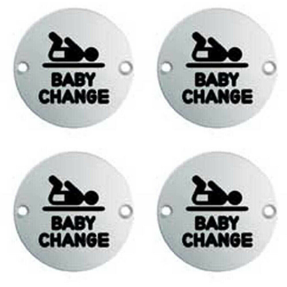 4x Bathroom Door Baby Change Sign 64mm Fixing Centres 76mm Dia Satin Steel