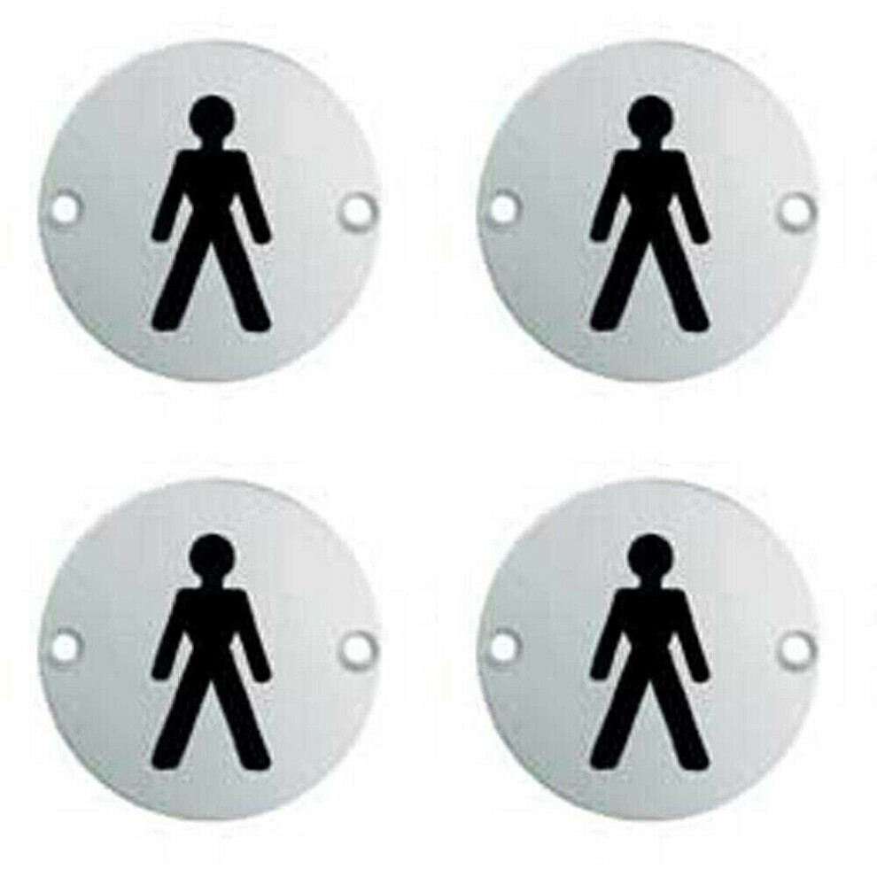 4x Bathroom Door Male Symbol Sign 64mm Fixing Centres 76mm Dia Polished Steel