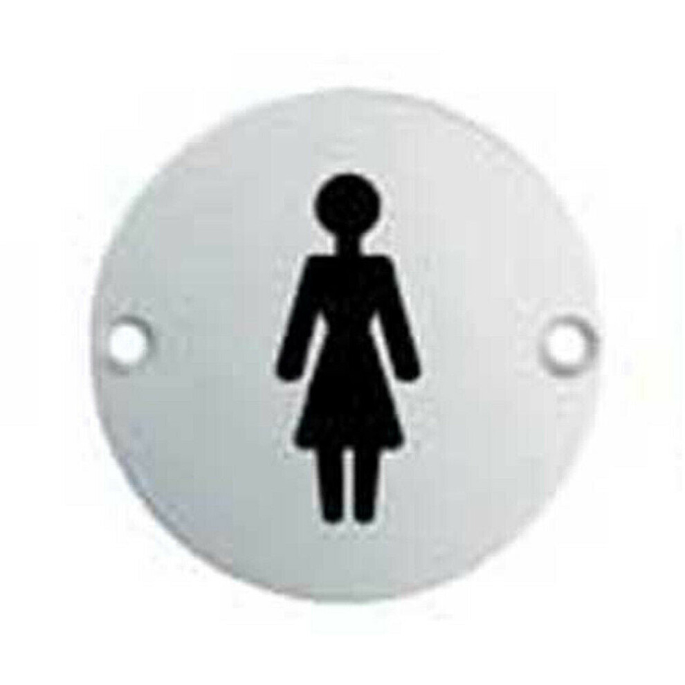 Bathroom Door Female Symbol Sign 64mm Fixing Centres 76mm Dia Polished Steel