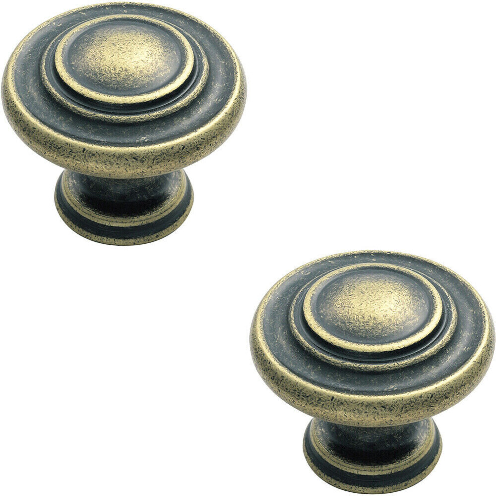 2x Round Ringed Pattern Door Knob 32mm Diameter Antique Brass Cabinet Handle