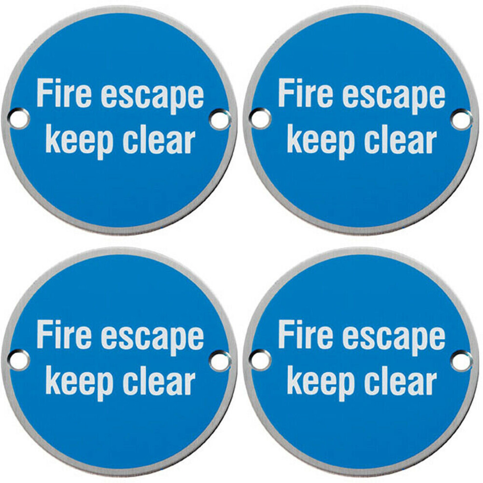 4x Fire Door Keep Clear Sign 64mm Fixing Centres 76mm Dia Satin Steel