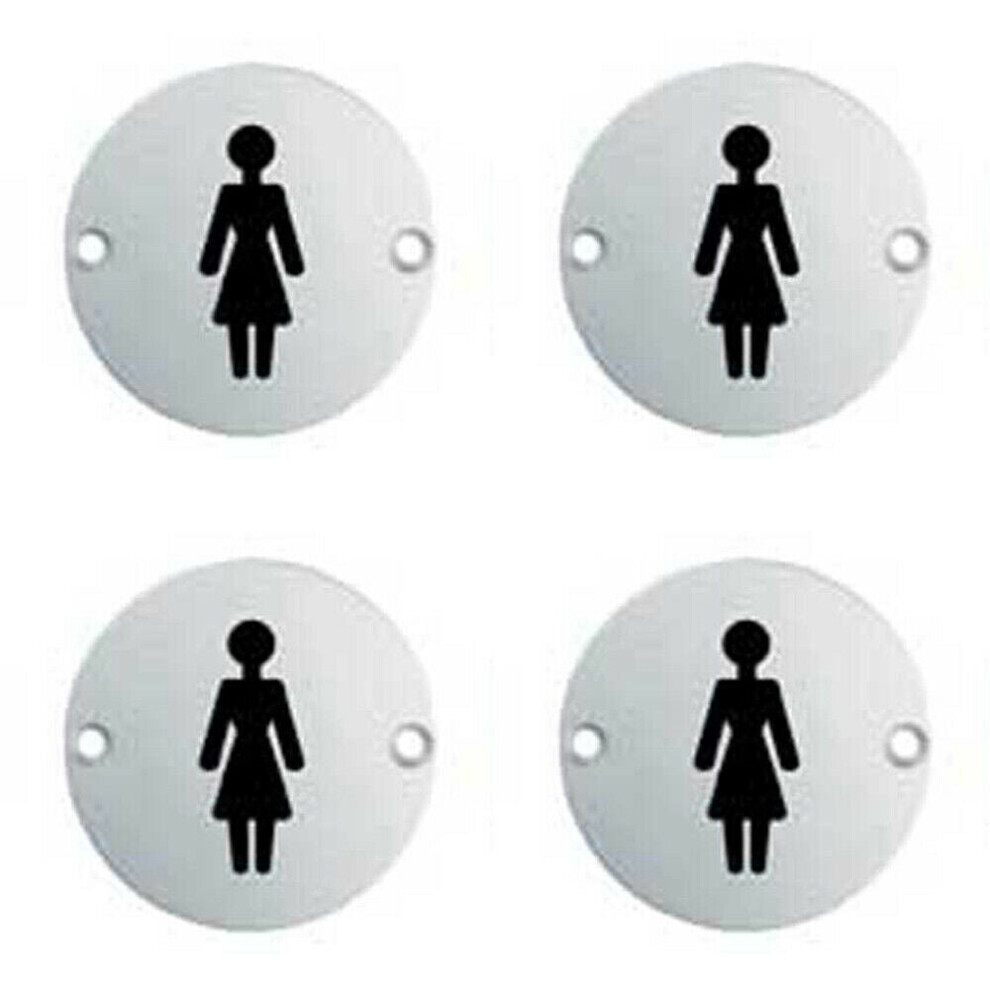 4x Bathroom Door Female Symbol Sign 64mm Fixing Centres 76mm Dia Polished Steel