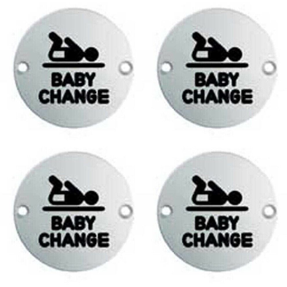 4x Bathroom Door Baby Change Sign 64mm Fixing Centres 76mm Dia Polished Steel