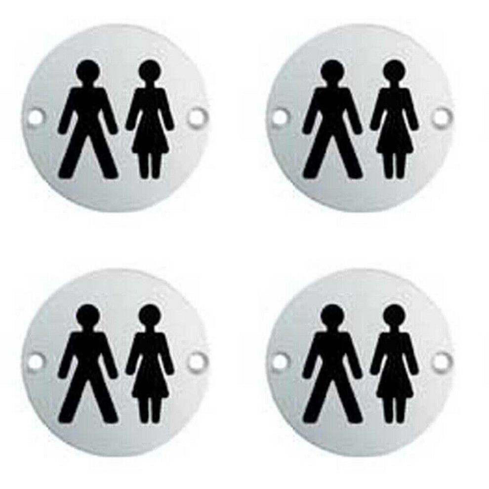 4x Bathroom Door Unisex Symbol Sign 64mm Fixing Centres 76mm Dia Polished Steel