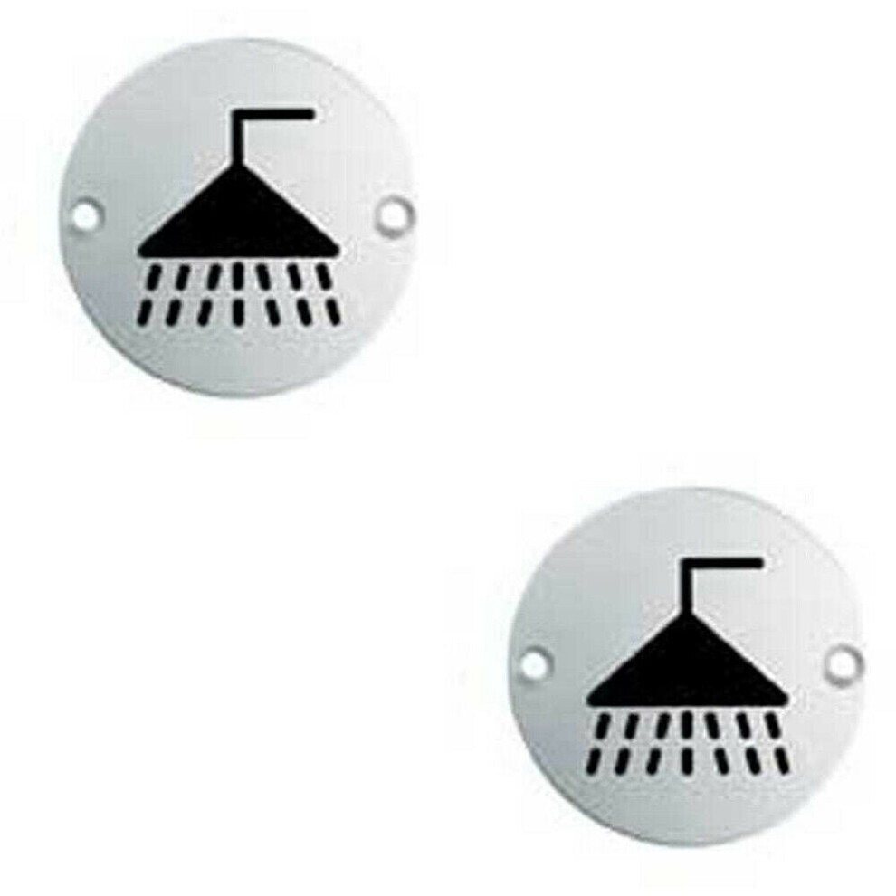 Loops 2X Bathroom Door Shower Symbol Sign 64Mm Fixing Centres 76Mm Dia Satin Steel