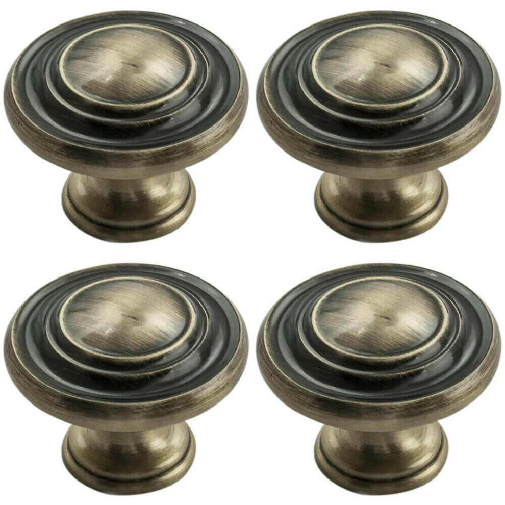 4x Round Ringed Pattern Door Knob 32mm Diameter Antique Burnished Brass Handle