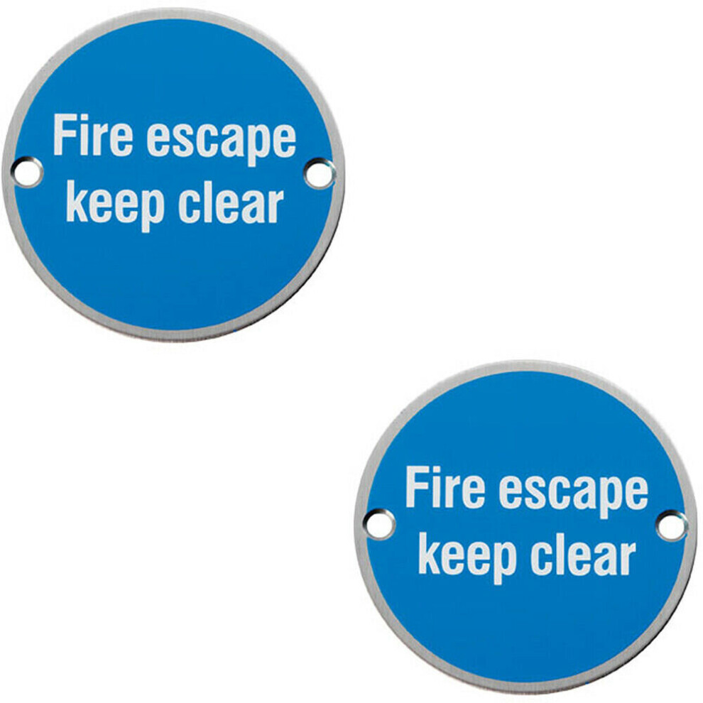 2x Fire Door Keep Clear Sign 64mm Fixing Centres 76mm Dia Satin Steel